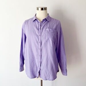 FatFace Linen Button Down Shirt Purple Long Sleeve Collared Top Size 16